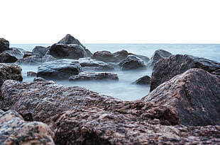 sea, water, rocks, fog HD wallpaper