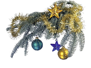 yellow, blue, and green baubles with tinsels