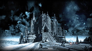 grey concrete castle, Dark Souls, Dark Souls III, video games, night