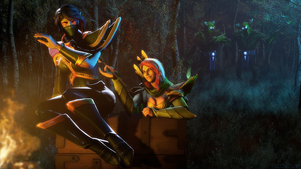 photography of Dota 2's Windrunner and Templar Assassin running in forest HD wallpaper
