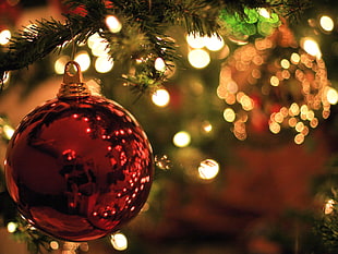 red bauble, lights, Christmas, Christmas ornaments  HD wallpaper