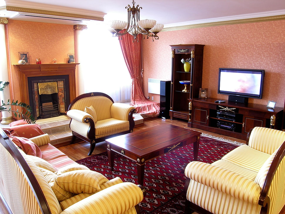brown wooden framed white padded sofa set, living rooms, interior, interior design, indoors HD wallpaper