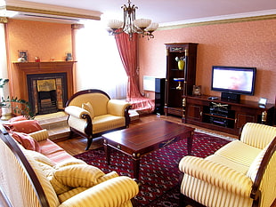 brown wooden framed white padded sofa set, living rooms, interior, interior design, indoors