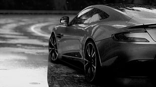 grayscale photo of sports coupe, Driveclub, car, rain, Aston Martin