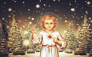 Jesus poster, Jesus Christ, children, Christmas, pine trees HD wallpaper