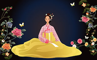 woman in pink and yellow traditional dress cartoon