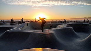 black skateboard, skateboarding, sunset, sports, tracks