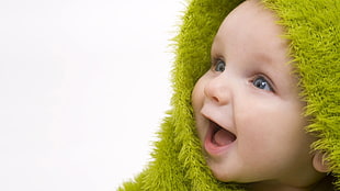 green blanket, blue eyes, children, baby HD wallpaper