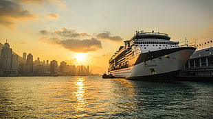 white cruise ship, sunset, sea, water, boat