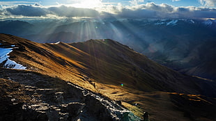 brown mountain, landscape, nature, sun rays, mountains HD wallpaper