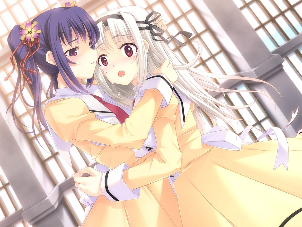 purple-haired anime character hugging gray-haired anime character HD wallpaper