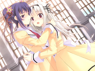 purple-haired anime character hugging gray-haired anime character