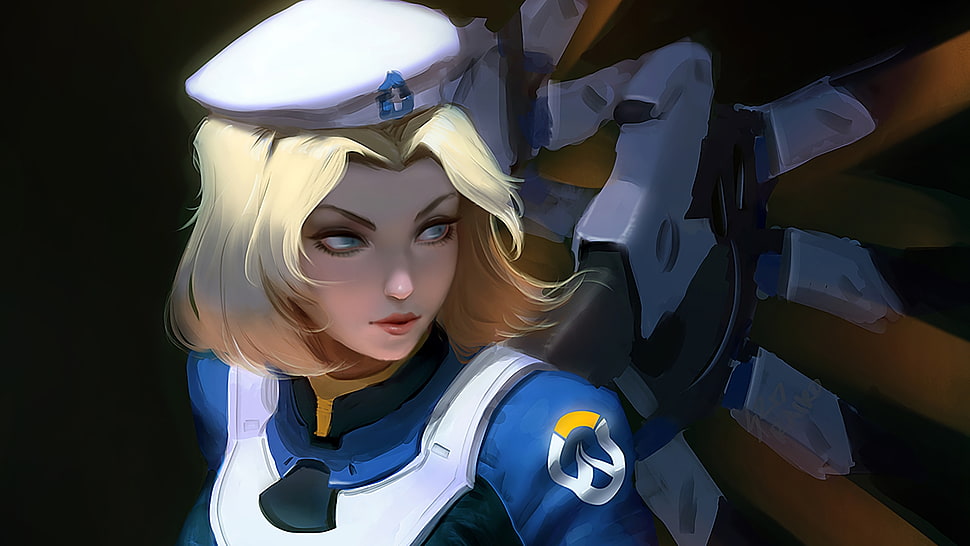 female cop illustration, video games, Overwatch, Combat Medic Ziegler, Mercy (Overwatch) HD wallpaper