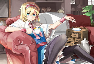 female character sitting on sofa HD wallpaper