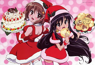 two female Anime characters wearing Santa suit HD wallpaper