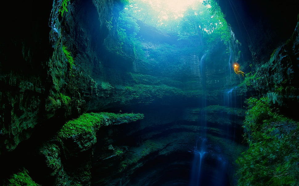 green moss, nature, landscape, limestone, wall HD wallpaper