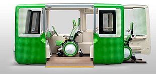 green and white vehicle with open door illustration