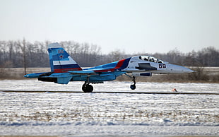 blue and white jet plane, aircraft, military, airplane, Su-27