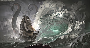 gray boat on body of water illustration, digital art, artwork, Kraken, sea HD wallpaper