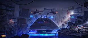 gray car, digital art, DeLorean, time travel, Back to the Future