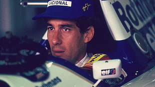 men's blue cap, Ayrton Senna, men, pilot, Formula 1 HD wallpaper