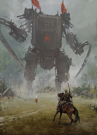 man riding horse fighting robot painting, science fiction HD wallpaper
