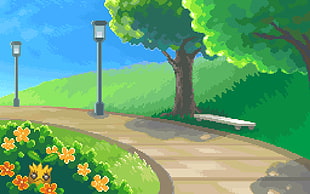 brown walkway beside green trees painting