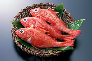 three red fish on brown rattan plates
