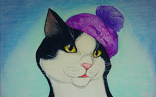 white and black cat with purple hat painting