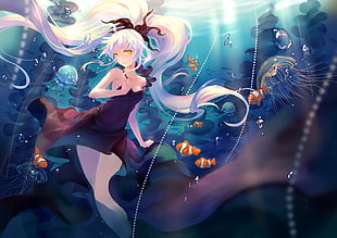 woman with white hair under ocean surrounded by fishes