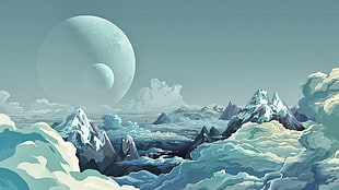 snow capped mountain with sea of clouds illustration, fantasy art, space art, planet