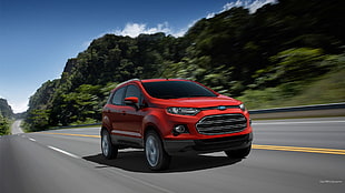 red Ford SUV, Ford EcoSport, road, car, red cars