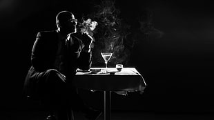 clear cocktail glass, men, smoking, people, dark