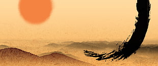 desert with black ink during golden hour painting, oriental, vector, artwork, Sun