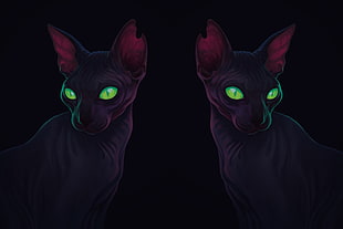 two green eyed black cats illustration, artwork, green eyes, dark, cat HD wallpaper