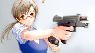 gray haired female anime character holding gun fan art