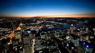 aerial photo of cityscape, sunset, cityscape, night, building