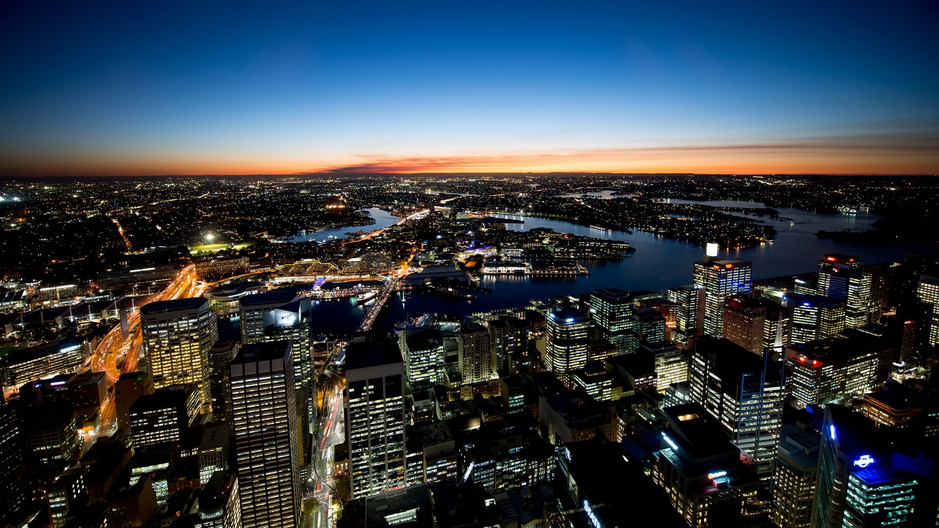 aerial photo of cityscape, sunset, cityscape, night, building