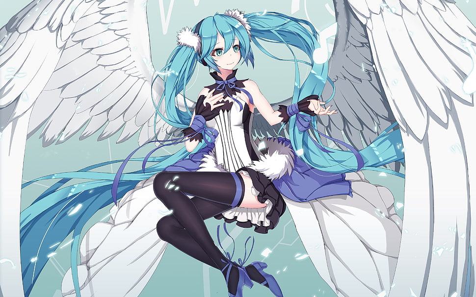 Hatsune Miku, wings, twintails, angel HD wallpaper