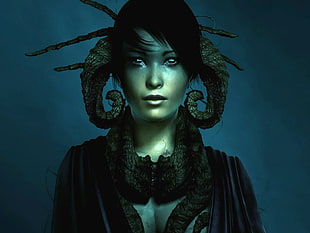 female with horn costume, fantasy art