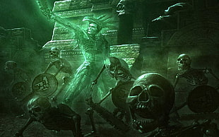 wraith skeleton surrounded by skeleton holding shield and swords digital wallpaper, Aztec, undead