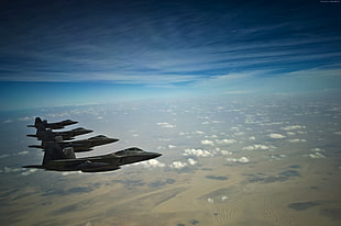 four gray fighter jet flying on sky HD wallpaper