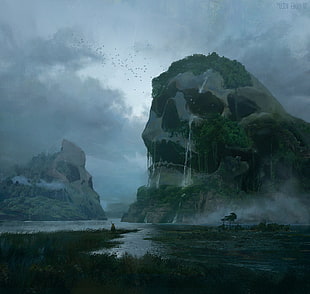 skull island illustration, artwork, fantasy art, skull, nature