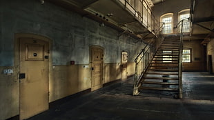 brown steel stair, architecture, interior, abandoned, silent HD wallpaper
