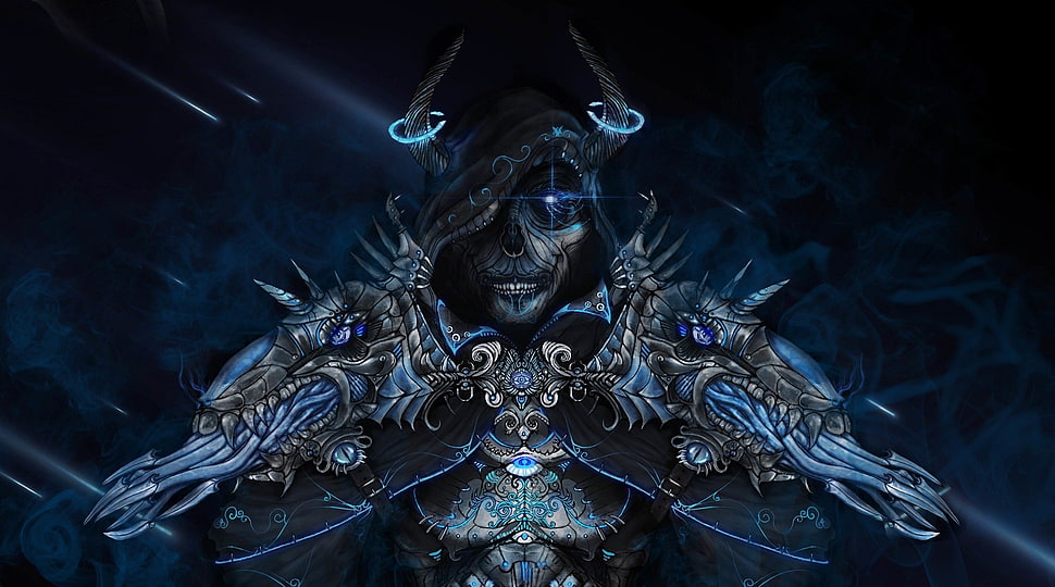blue human skull wearing cape digital wallpaper, artwork, fantasy art HD wallpaper