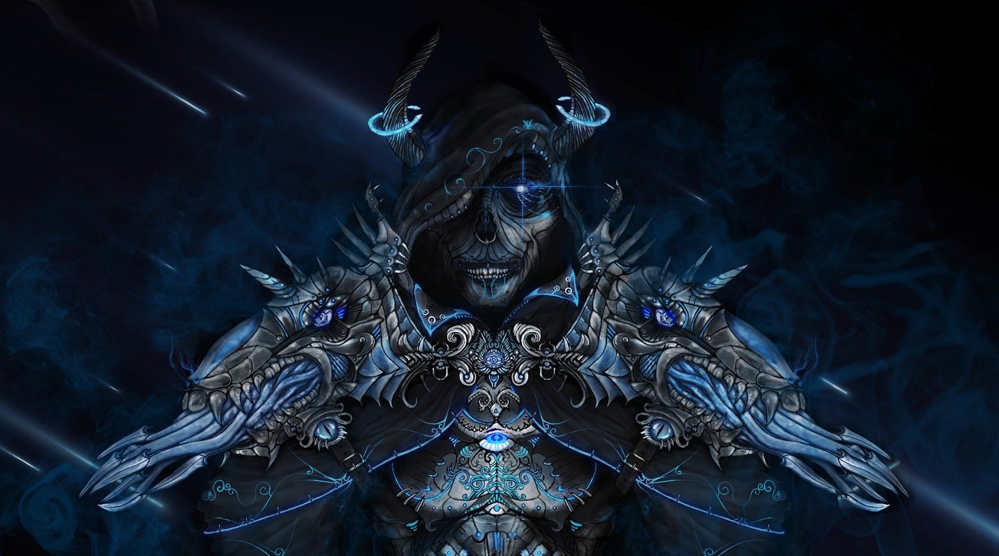 blue human skull wearing cape digital wallpaper, artwork, fantasy art