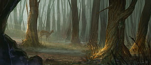 brown deer inside in to the woods painting, forest, deer, fantasy art HD wallpaper