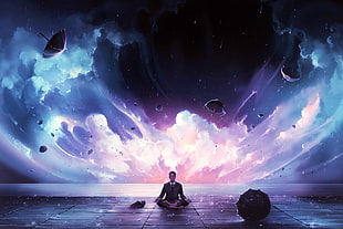 man sitting in between with planets background, artwork, colorful, AquaSixio, sitting