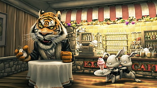 tiger and rabbits illustration, tiger, rabbits, cartoon, cafes
