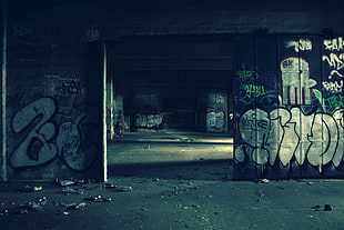 gray and white concrete wall, graffiti, ruin, abandoned, wall